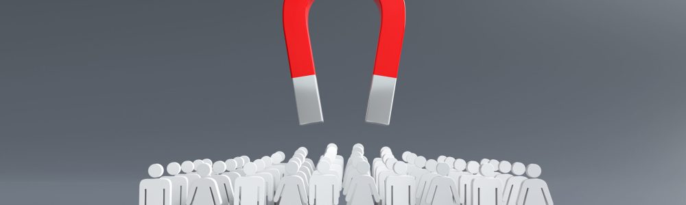 Magnets attracting customers, Business Lead ideas, Business team building, Recruiting people to join the team. 3D illustration